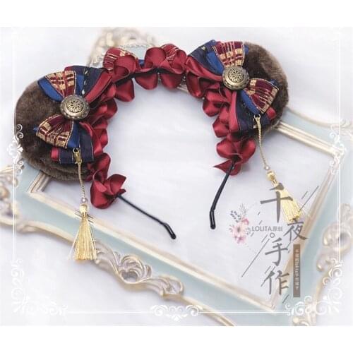 Retro Sweet Lolita Bear Ears Bowknot handmade Headband Hair Accessories Kawaii Japanese Womens Cosplay KC Hair clasp Headwear