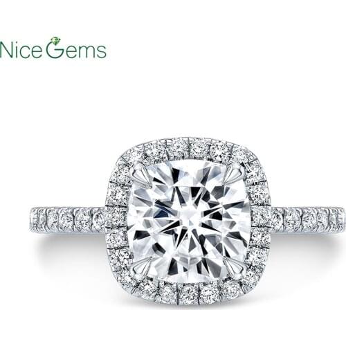 NiceGems 14K White Gold 2ct Center 7.5mmx7.5 mm Cushion cut DF Color Moissanite with 3/4 Eternity Band Halo Engagement Ring