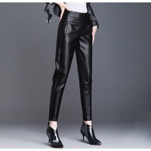 2020 New Leather Harem Pants Women Streetwear Fashion High Waist Black Pencil Pants Autumn Winter Slim Korean Leather Trousers