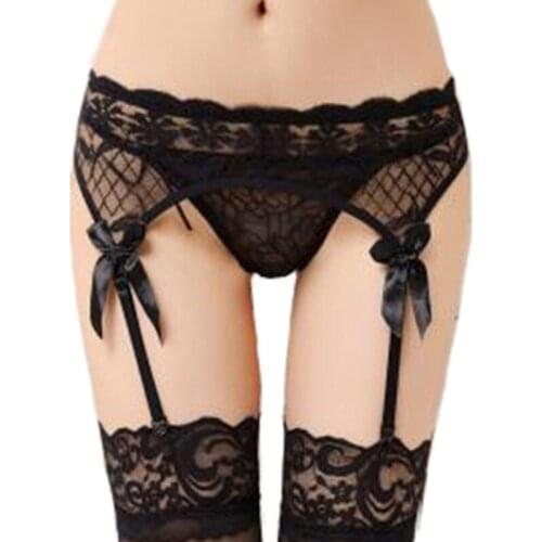 Charming Women Lace Garters Belt Sexy Stretch Sheer Thigh High Stocking Suspender Thong Lingerie with Transparent