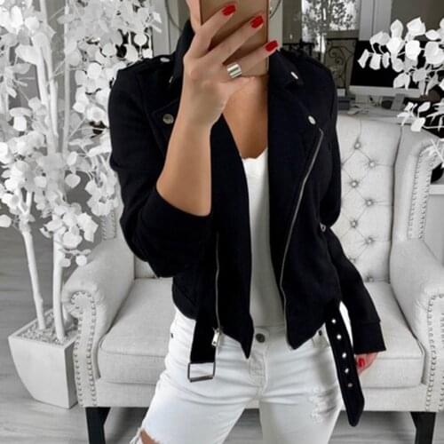 Autumn Womens Chaqueta Casual Jacket Solid Turn Down Collar Long Sleeve Zipper Belt Fashion Thin Coat Female Outerwear