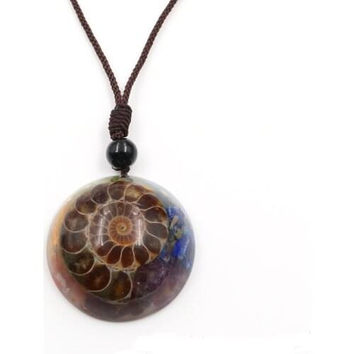 7 Chakra Snail Ammonites dome-shaped Gum Resin Pendant Necklace with Adjustable Brown Rope Chain for Men Women