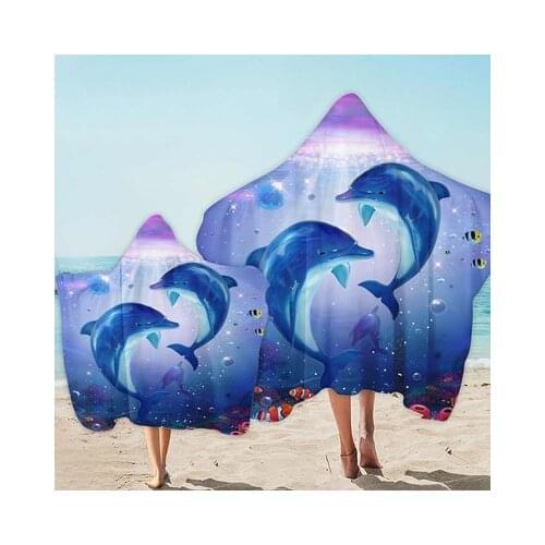 Cute Dolphin Pattern Parent-Child Hooded Cloak Beach Towel Microfiber Quick Drying Swim Surf Chaning Robe Cape Bath Blanket