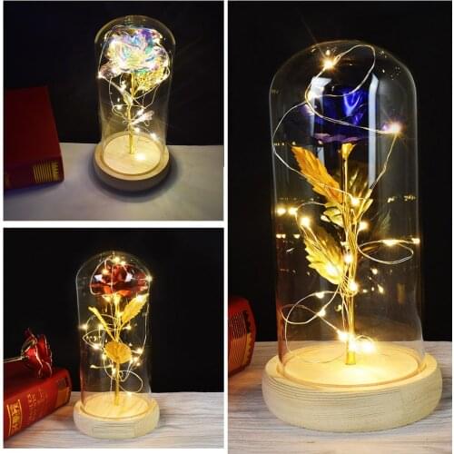 Beauty And The Beast Rose With LED Light In Glass Dome Gold plated Red Flowers Forever rose For Mothers Day Gift