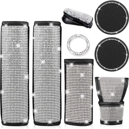 Crystal Leather Seat Safety Belt Shoulder Pads Covers Rhinestones Handbrake Cover Bling Car Accessories Set for Women Girl