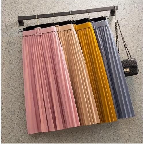 High Waist Women Skirt Casual Vintage Solid Belted Pleated Midi Skirts Lady 11 Colors Fashion Simple Saia Mujer Faldas