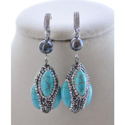 S2496 32mm Shuttle Blue Turquoise Black Pearl CZ Dangle Earring
