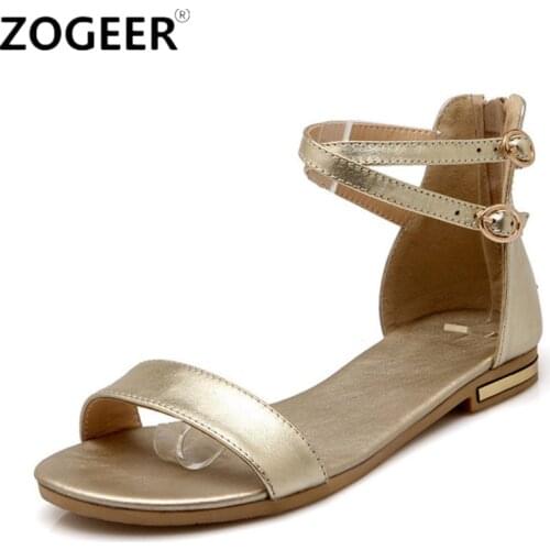 2020 Summer Women Sandals Genuine Leather Flat Heel Flip Flops Gold Gladiator Sandals Casual ankle strap White Beach Shoes Woman