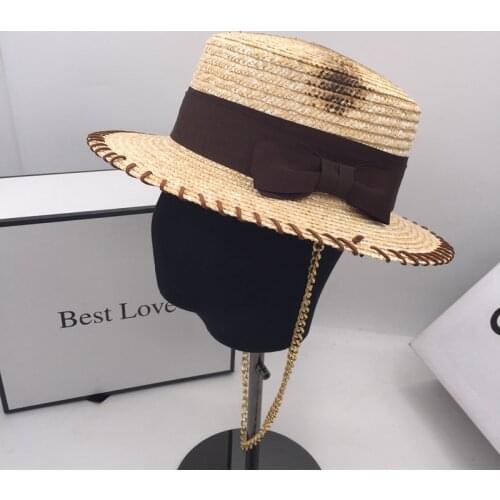 Sunhats British retro fashion edition flat-roofed straw hat be fired with chain for men and women
