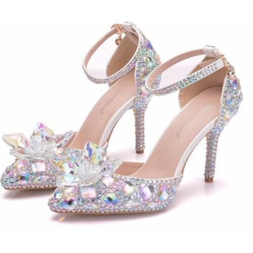 7 cm 9 cm Wedding Shoes Bride Women Summer Sandals Crystal News Lady Big Size High Heels Princess Shoes Silver Colorful Shoe