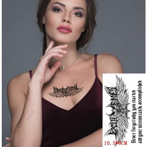 Waterproof Temporary Tattoo Sticker Ins Angel Wings Black English Letter Body Art Flash Tatoo Fake Tatto for Women Men Kids