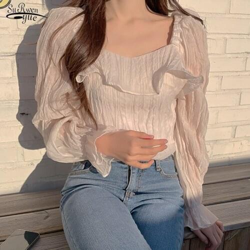 2021 O-Neck Lace Up Clothing Solid Color Casual Vintage Female Shirts Summer New Fashion Pleated Puff Sleeve Blouse Women 13865