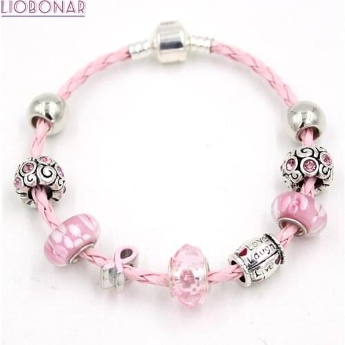 Breast Cancer Awareness Jewelry Lampwork Murano Glass Bead Live Laught Love Pink Ribbon Breast Cancer Bracelets for Women Gifts
