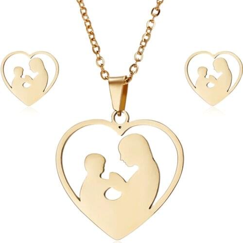 Fashion Gold Stainless Steel Mother Hold Child Necklace Sets Earrings Jewelry Sets For Women Mothers Day Gift Jewelry