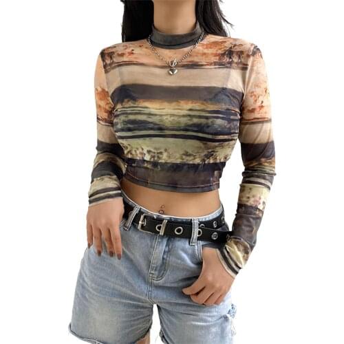 Women Sheer Mesh Autumn Polyester Crop Tops Sexy Long Sleeve Mock Neck Tie Dye Print Slim Fit T-Shirt