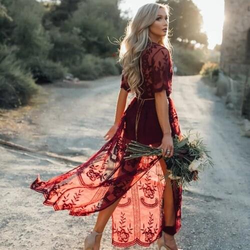 2021 Women Summer Dresses V Neck Short Sleeve High Waist Slit Lace Perspective Maxi Dress Sexy Beach Prom Robe