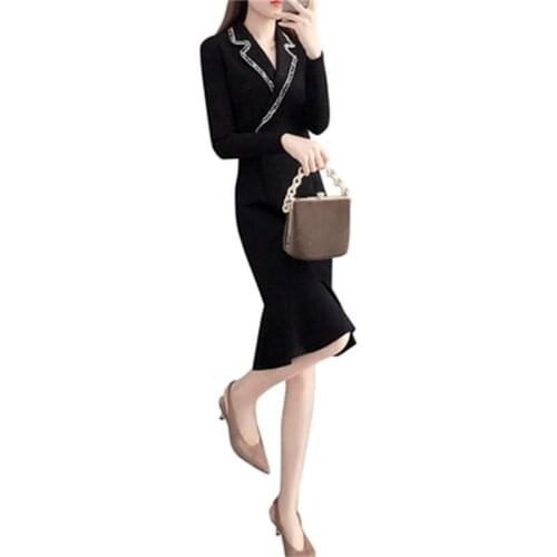 Dress womens New womens spring fashion OL Slim temperament professional long-sleeved dress autumn suit collar fishtail dress