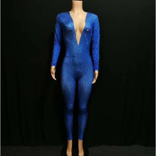 Glisten Blue Rhinestones Bodysuit Women Party Prom Sexy Jumpsuit Costume Stage Wear dance Nightclub Singer Leggings Outfit