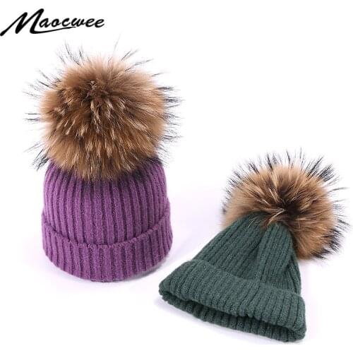 Winter Cute Wool Beanie Hats With Real Fur Pompons For Children Crochet Knit Skullies Beanies Girls Boys Outdooor Thick Warm Hat