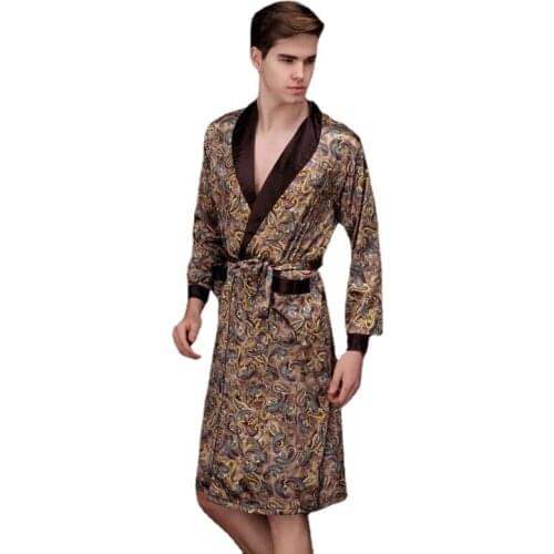 Mens Robe Satin Silk Pajamas Long-Sleeved Mid-Length Home Bathrobe Ice Silk Mens Sleepwear For Casual Male Home Nightgown