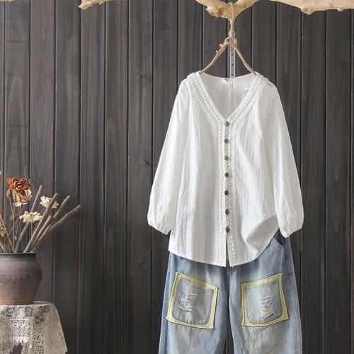 Cotton Linen Lace Women Shirts Summer Vintage 2021 V-Neck Button Long-Sleeved Elegant Office Lady Outwear Tops