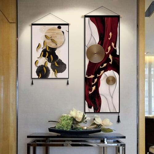 Chinese Style Canvas Painting Poster Wall Art Prints Pictures Gold Fish Lotus Pond Wall Hang Scroll Painting for Living Room