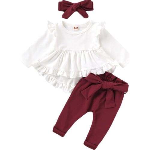 Baby Girl Clothes Set Newborn Baby Spring Outfits Solid White Ruffles Long Sleeve Shirt And Red Bow Pants Toddlers Outfit Set