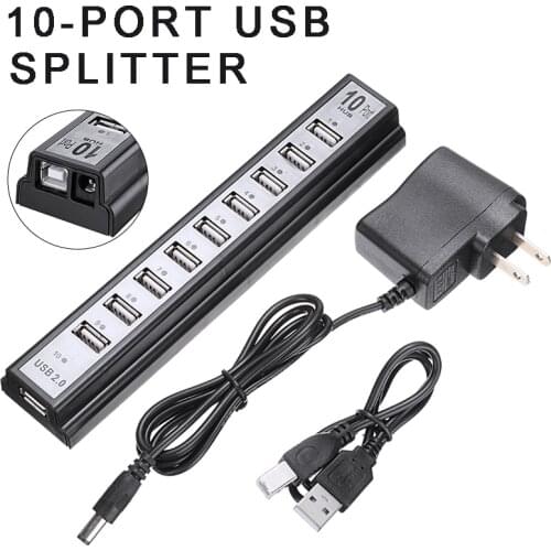 For Portable PC Laptop Notebook 1pc 10 Ports USB 2.0 Hubs with AC Power Computer Peripherals Supply Adapter US Plug Pohiks