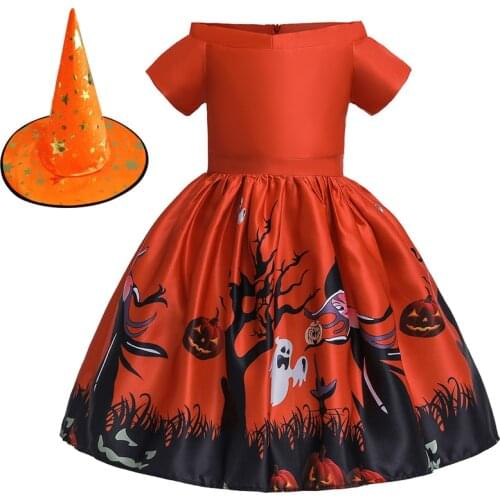 Children Halloween Vampire Costume Pumpkin Witch with Hat Summer Dress Vestidos Party Cosplay Christmas Princess Girls Clothes