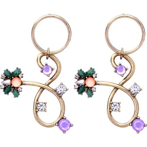 Colorful Crystal Flower 8 Shape Pendant Earrings 2017 Antique Gold Big Circle Pierced Drop Earrings for Women Indian Jewelry