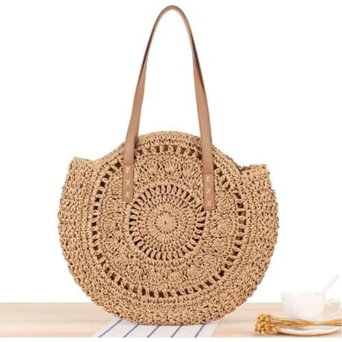 2021 Summer Round Straw Handbag Large Capacity Beach Bag Handmade Woven Tote Vacation Casual Rattan Bag