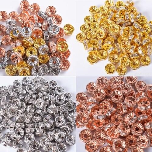 50pcs/lot 4/5/6/8/10mm Gold Silver Color Wheel Spacer Beads Rhinestone Rondelles Crystal Loose Beads For Jewelry Making Findings
