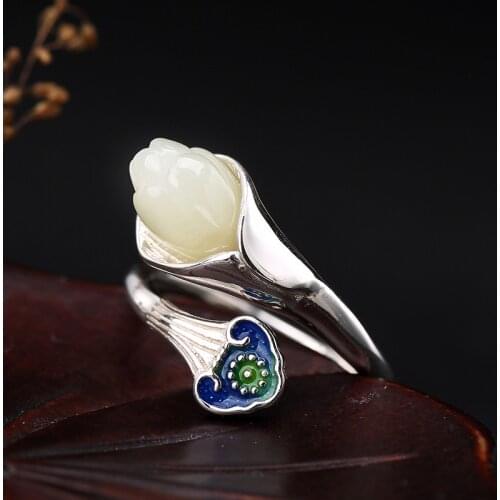 Fashion Silver S925 Sterling Silver, Hetian Jade, White Magnolia, Cloisonne Mosaic, Ladys High-end Open Ring Wholesale