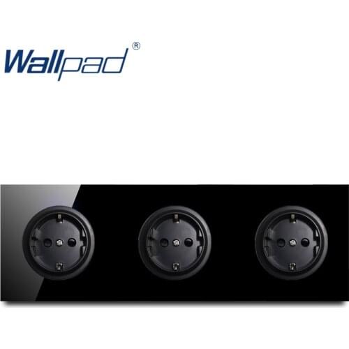 Wallpad Crystal Tempered Pure Black Glass Panel 16A 3 EU German Standard Wall Power Socket Outlet Grounded