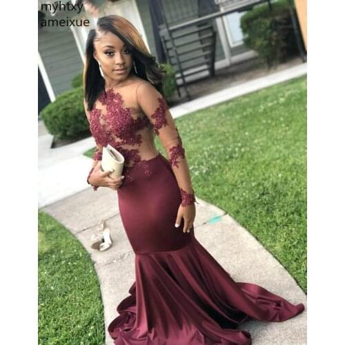 2020 New African Sexy Sheer Long Sleeve Red Prom Dresses Backless Cheap Black Girls Evening Party Gowns Plus Size Custom Made