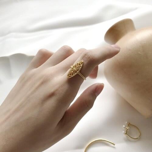 Authentic S925 Sterling Silver Fine Jewelry Gold Hollow Open Leaf Open rings adjust forefinger J407