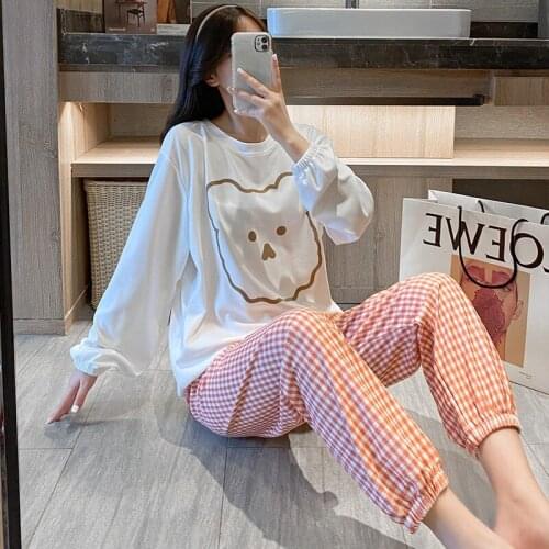 2021 Autumn 100% Cotton Long Sleeve Pajama Sets for Women Cute Cartoon Sleepwear Suit Pyjamas Homewear Pijama Mujer Home Clothes