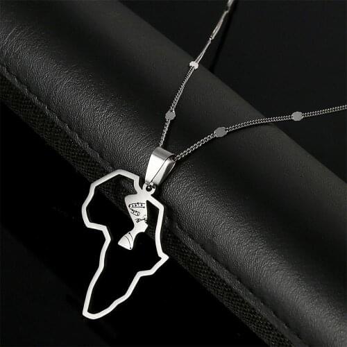 Stainless Steel Africa Map Pendant Necklace Egyptian Queen Nefertiti African Charm Jewelry