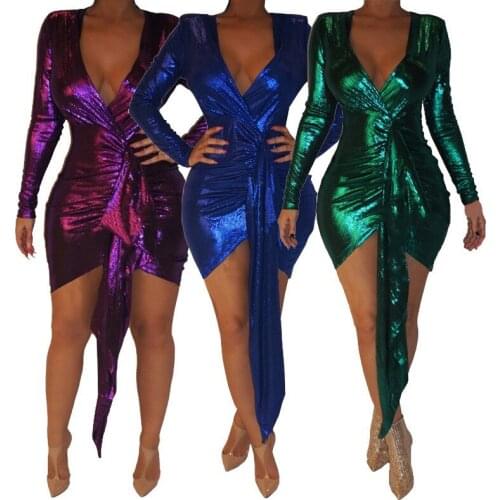 Sexy Glitter Metallic Bodycon Dress Women V-Neck Ruched Sheath Night Party Wrap Dress Celebrity Club Wear Mini Dress RH657