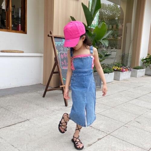 Girls 2021 summer split denim strap midi dress retro slim suspender dress mid calf kids clothes vestidos toddler 4 to 12 yrs
