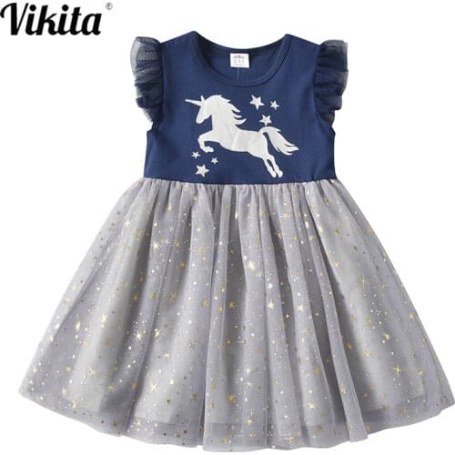 VIKITA Girls Summer Clothes Baby Girl Princess Star Dress Children Clothing Unicorn Dress Birthday Casual Tutu Sequins Dresses