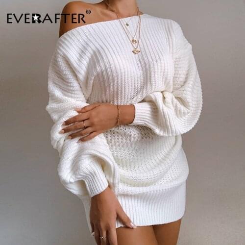 EVERAFTER Sexy off shoulder knitted dress women solid long sleeve loose casual dress streetwear Autumn winter Nightclub dresses