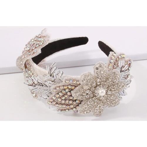 White Leaf Flower Headband Rhinestone Crystal Hair Band Beads Embroidery Headwear Leaves Headband Bridal Party Hair Accessories