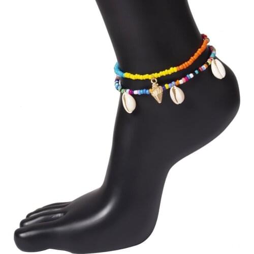Simple 2 Layers Anklet Set Colorful Glass Beads Sand Beads 2pcs Ankle Jewelry Shell Pendant Footchain Accessories for Women