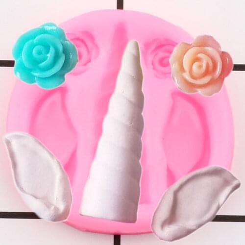 Unicorn Horn Ear Silicone Molds DIY Party Rose Flower Cupcake Topper Fondant Cake Decorating Tools Chocolate Candy Clay Moulds