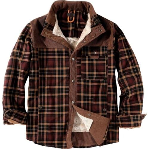 ABOORUN 2021Plus Size Mens Corduroy Plaid Fleece Shirts Winter Casual Warm Shirts for Male