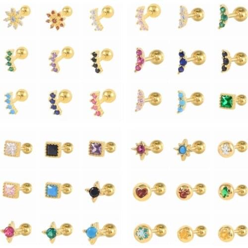 GS 925 Sterling Silver Colored Zircon Stud Earrings Christmas Tree Elk Snowflake Shape Crystal Cartilage Piercing Ear Studs