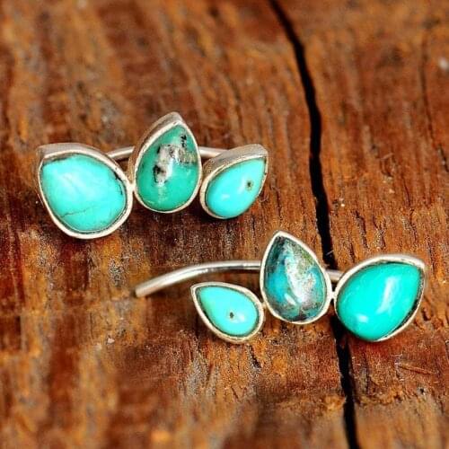 Bohemian Single Row Three Teardrop Natural Stone Stud Earring Tribal Ethnic Silver Color Reptile Turquoises Ear Studs