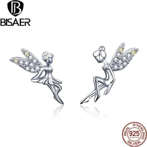 BISAER 925 Sterling Silver Spring Flower Fairy Earrings Stud Clear CZ Stud Earring Women Fashion Silver Earrings Jewelry EFE046