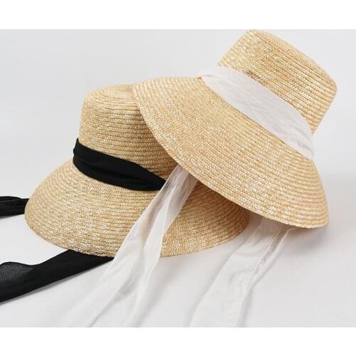 New Popular Lamp Shape Women Summer Big Floppy Straw Hat Black White Ribbon Lace Tie Wide Brim Sun Hat Anti-UV Beach Caps Cape